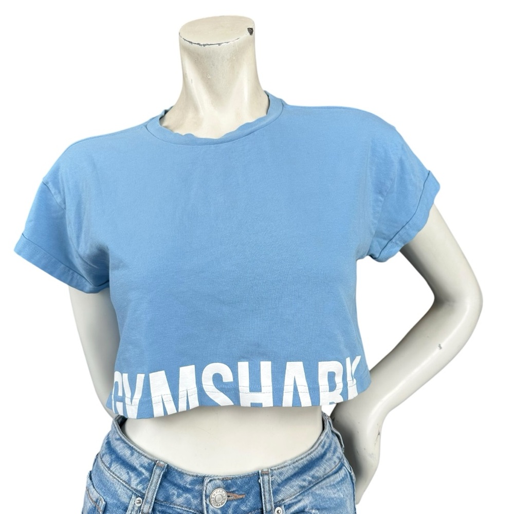 Gymshark Light Blue & White Logo Short Sleeve Boxy Cropped T Shirt Size Small